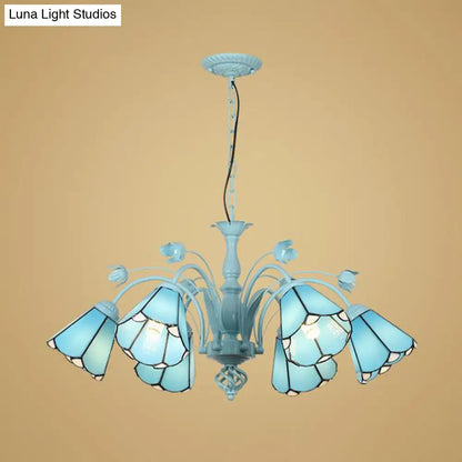 Blue/Dark Blue Conical Chandelier Pendant Light Stained Art Glass Baroque Hanging Lamp Kit - 3/6/8 Lights for Living Room