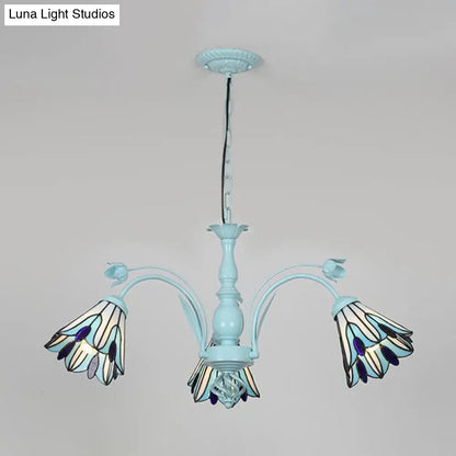 Blue/Dark Blue Conical Chandelier Pendant Light Stained Art Glass Baroque Hanging Lamp Kit - 3/6/8 Lights for Living Room