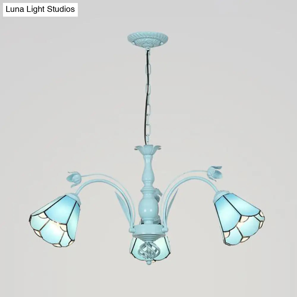 Blue/Dark Blue Conical Chandelier Pendant Light Stained Art Glass Baroque Hanging Lamp Kit - 3/6/8 Lights for Living Room