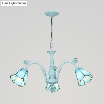 Blue/Dark Blue Conical Chandelier Pendant Light Stained Art Glass Baroque Hanging Lamp Kit - 3/6/8 Lights for Living Room
