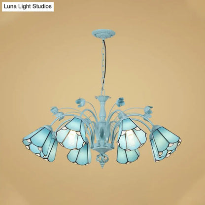 Blue/Dark Blue Conical Chandelier Pendant Light Stained Art Glass Baroque Hanging Lamp Kit - 3/6/8 Lights for Living Room