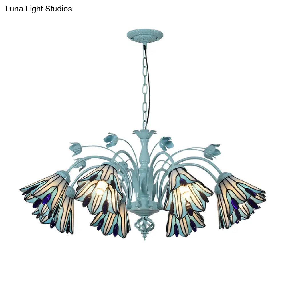 Blue/Dark Blue Conical Chandelier Pendant Light Stained Art Glass Baroque Hanging Lamp Kit - 3/6/8 Lights for Living Room