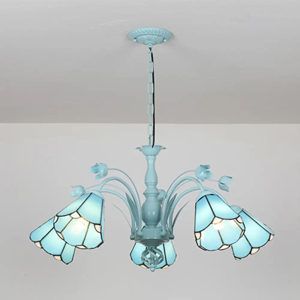 Blue/Dark Blue Conical Chandelier Pendant Light Stained Art Glass Baroque Hanging Lamp Kit - 3/6/8 Lights for Living Room