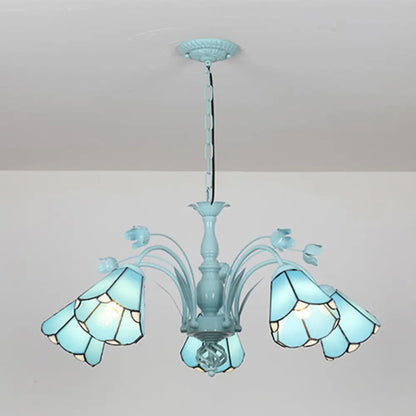 Blue/Dark Blue Conical Chandelier Pendant Light Stained Art Glass Baroque Hanging Lamp Kit - 3/6/8 Lights for Living Room
