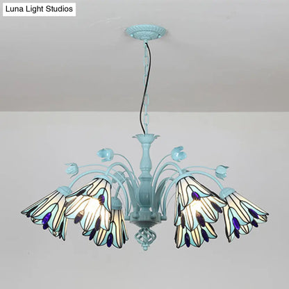 Blue/Dark Blue Conical Chandelier Pendant Light Stained Art Glass Baroque Hanging Lamp Kit - 3/6/8 Lights for Living Room