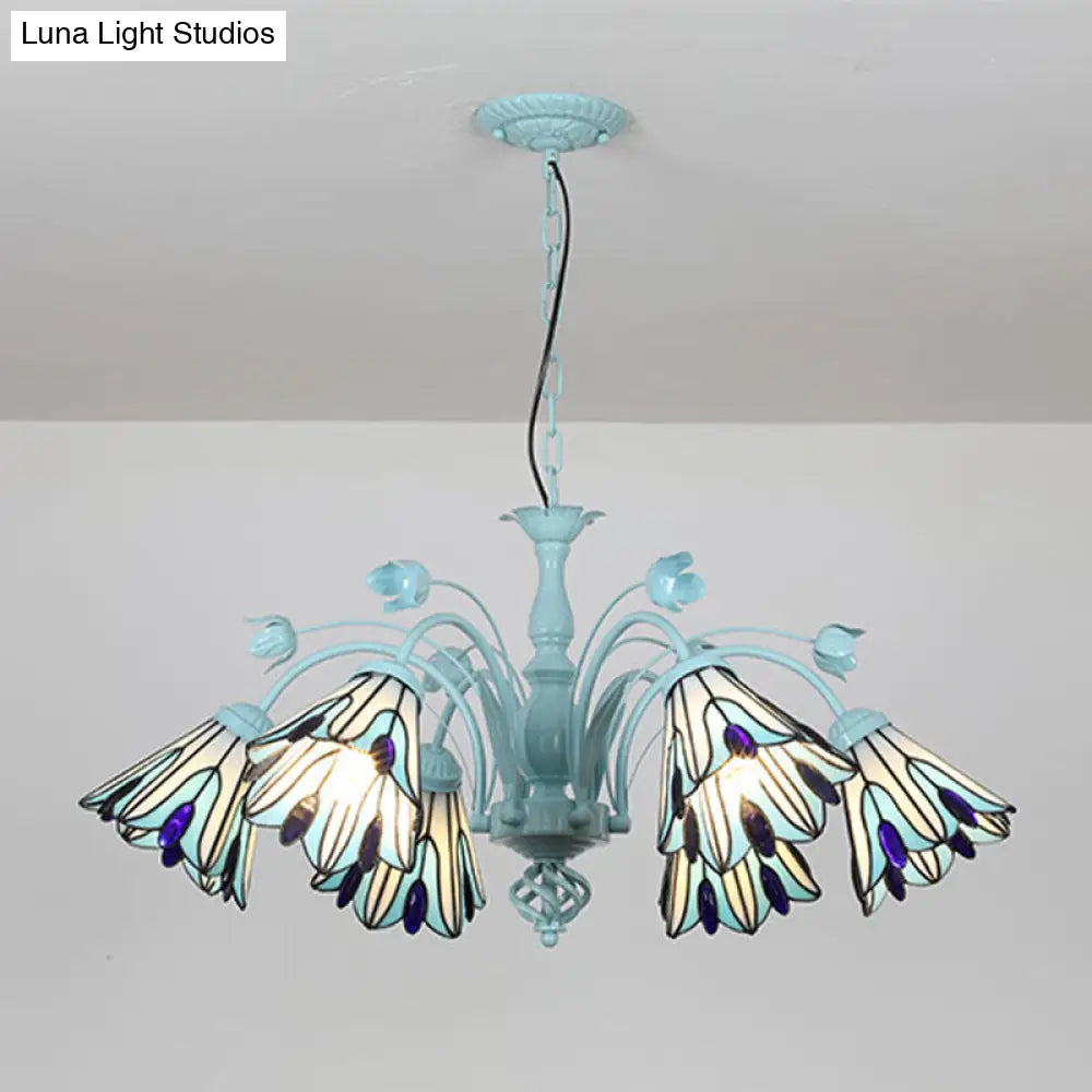 Blue/Dark Blue Conical Chandelier Pendant Light Stained Art Glass Baroque Hanging Lamp Kit - 3/6/8 Lights for Living Room