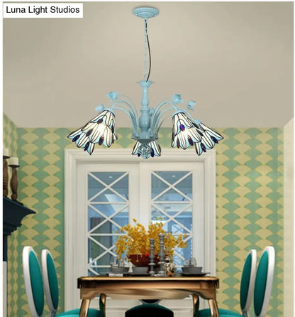 Blue/Dark Blue Conical Chandelier Pendant Light Stained Art Glass Baroque Hanging Lamp Kit - 3/6/8 Lights for Living Room