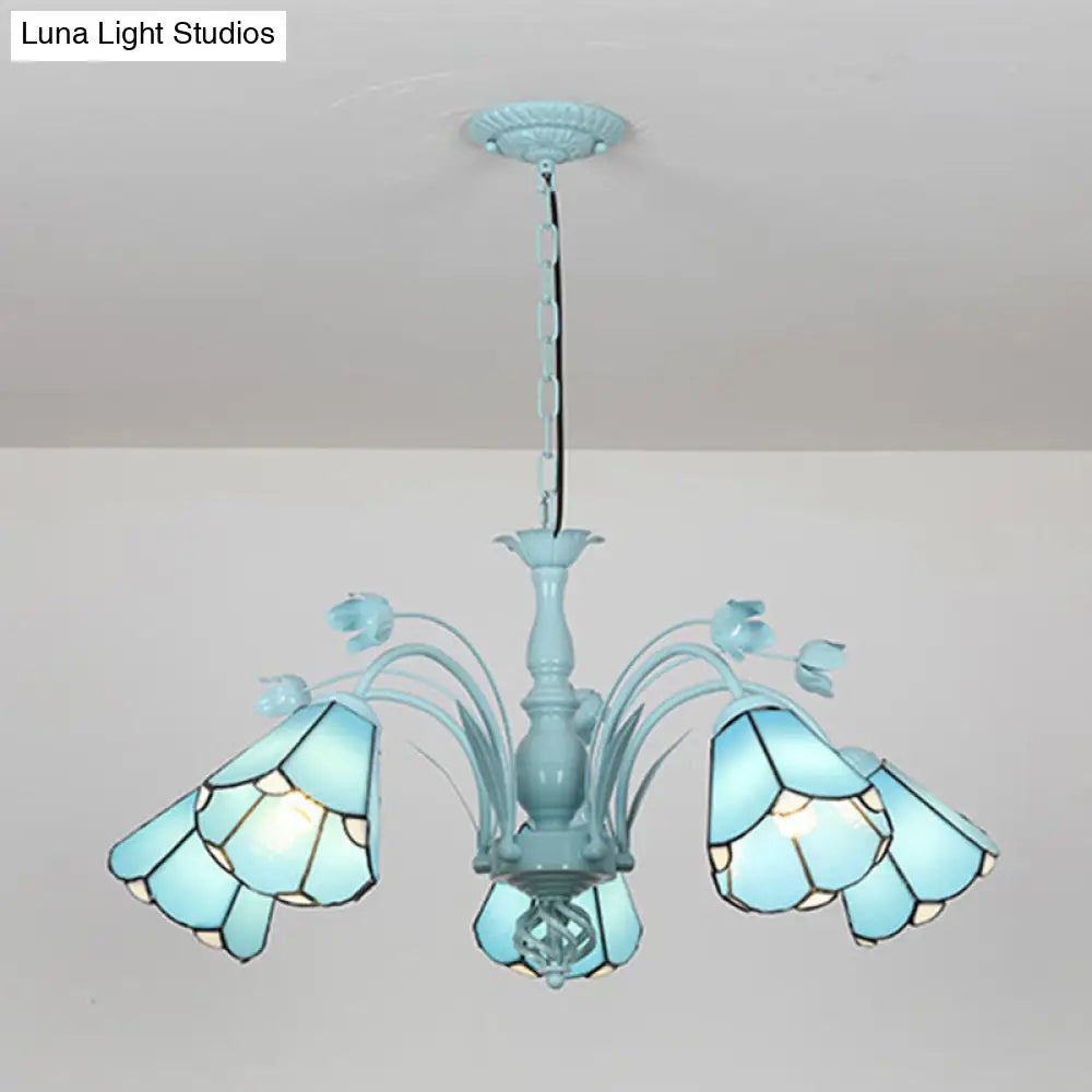 Blue/Dark Blue Conical Chandelier Pendant Light Stained Art Glass Baroque Hanging Lamp Kit - 3/6/8 Lights for Living Room