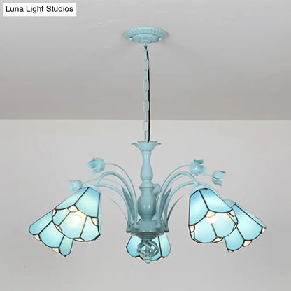 Blue/Dark Blue Conical Chandelier Pendant Light Stained Art Glass Baroque Hanging Lamp Kit - 3/6/8 Lights for Living Room