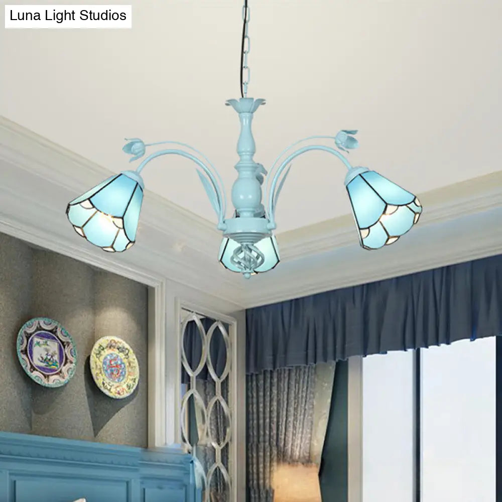 Blue/Dark Blue Conical Chandelier Pendant Light Stained Art Glass Baroque Hanging Lamp Kit - 3/6/8 Lights for Living Room