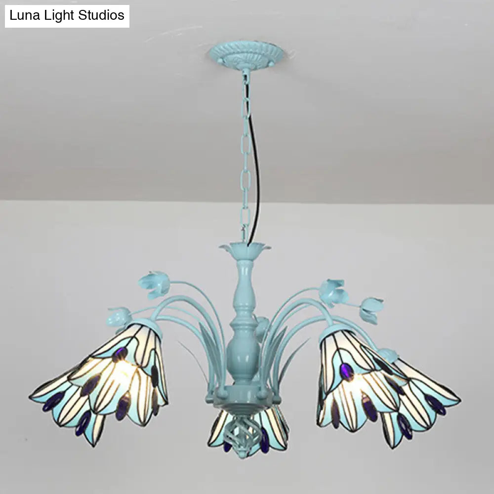Blue/Dark Blue Conical Chandelier Pendant Light Stained Art Glass Baroque Hanging Lamp Kit - 3/6/8 Lights for Living Room