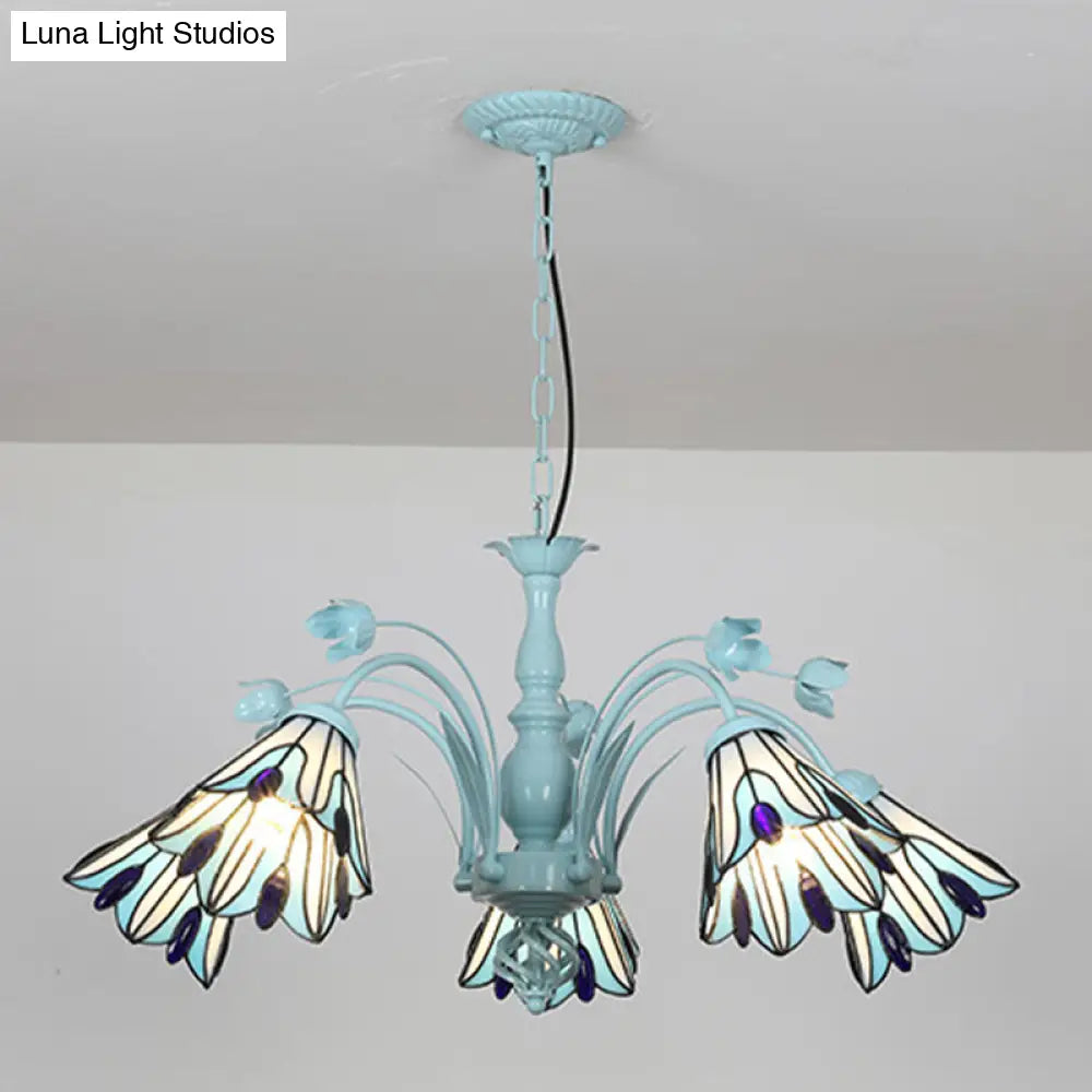 Blue/Dark Blue Conical Chandelier Pendant Light Stained Art Glass Baroque Hanging Lamp Kit - 3/6/8 Lights for Living Room