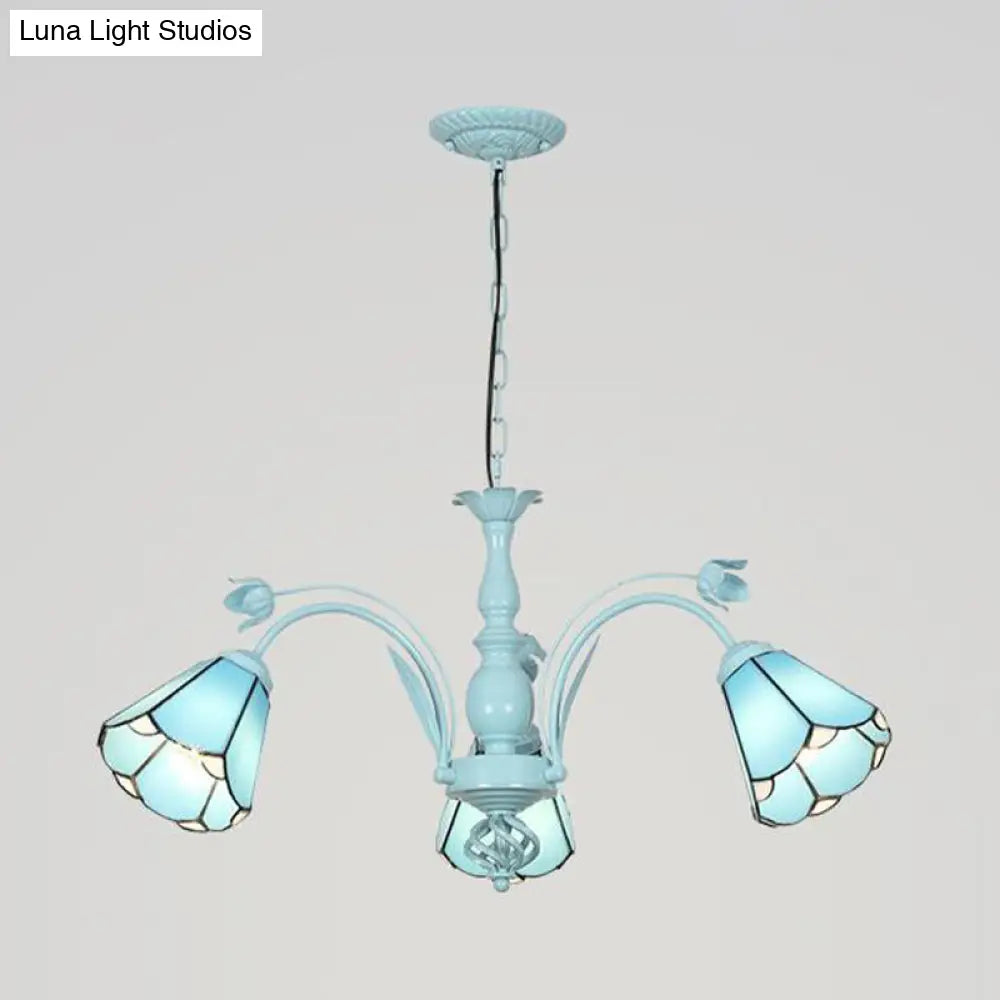 Blue/Dark Blue Conical Chandelier Pendant Light Stained Art Glass Baroque Hanging Lamp Kit - 3/6/8 Lights for Living Room