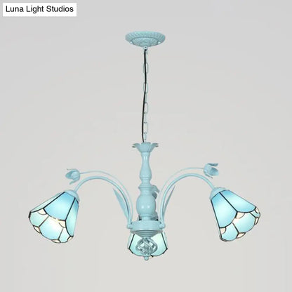 Blue/Dark Blue Conical Chandelier Pendant Light Stained Art Glass Baroque Hanging Lamp Kit - 3/6/8 Lights for Living Room