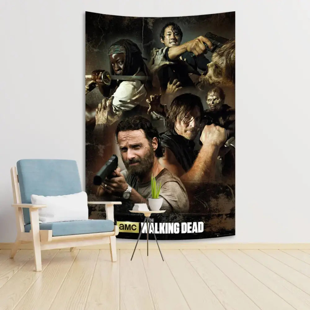 Blue decorbites daryl dixon tapestry featuring a dark walking dead amc collage with logo for bedroom wall art
