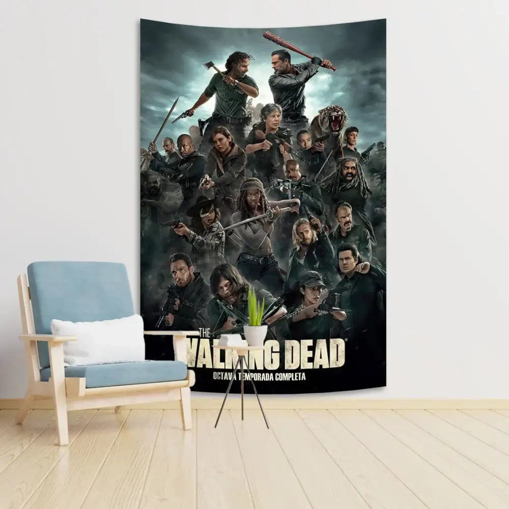 Blue decorbites daryl dixon tapestry featuring a dark toned walking dead season 8 poster for bedroom wall art
