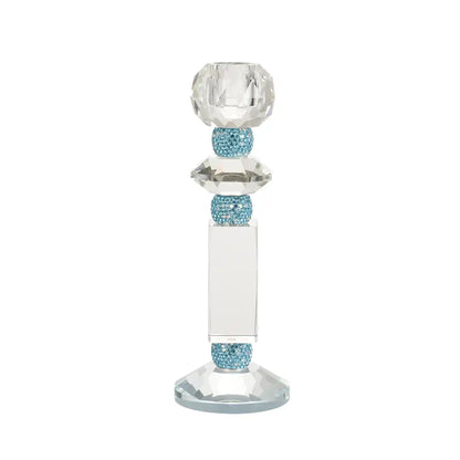 Clear faceted diamond crystal glass candle holder with three blue rhinestone beads from decorbites blue diamond collection