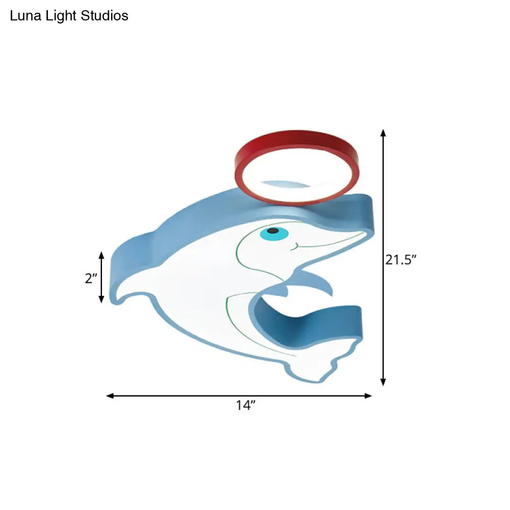 DecorBites™ Blue Dolphin LED Flush Pendant Light for Kids - Modernist Style, Acrylic Shade, Close to Ceiling - 14"/16.5" Width