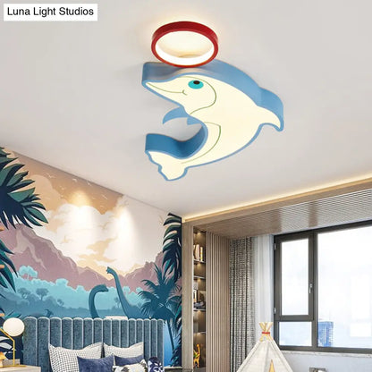 DecorBites™ Blue Dolphin LED Flush Pendant Light for Kids - Modernist Style, Acrylic Shade, Close to Ceiling - 14"/16.5" Width