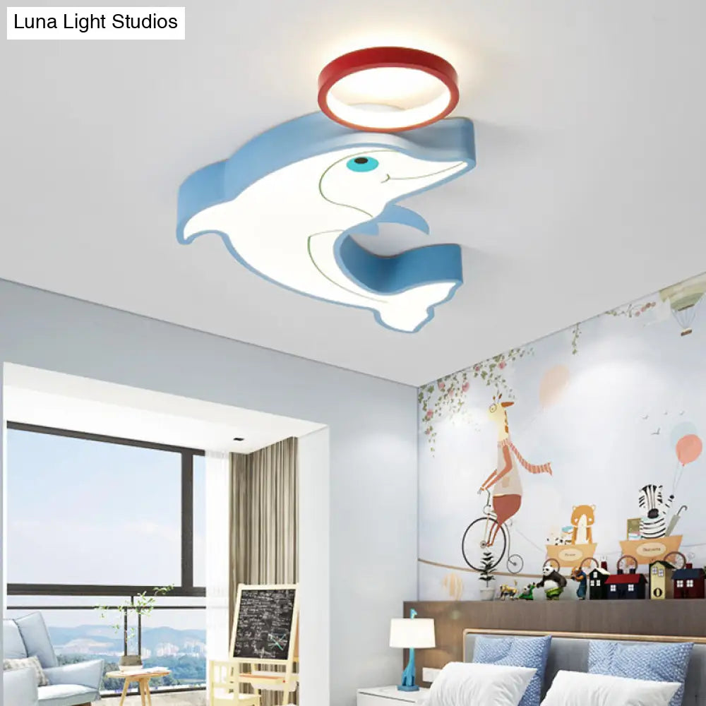 DecorBites™ Blue Dolphin LED Flush Pendant Light for Kids - Modernist Style, Acrylic Shade, Close to Ceiling - 14"/16.5" Width