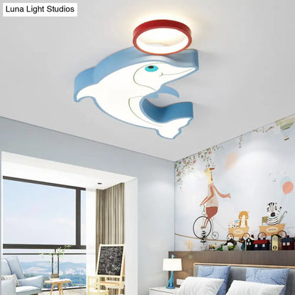 DecorBites™ Blue Dolphin LED Flush Pendant Light for Kids - Modernist Style, Acrylic Shade, Close to Ceiling - 14"/16.5" Width