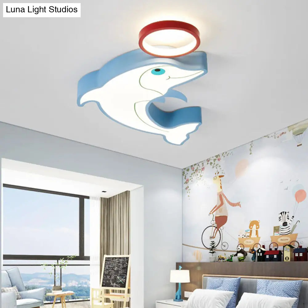 DecorBites™ Blue Dolphin LED Flush Pendant Light for Kids - Modernist Style, Acrylic Shade, Close to Ceiling - 14"/16.5" Width