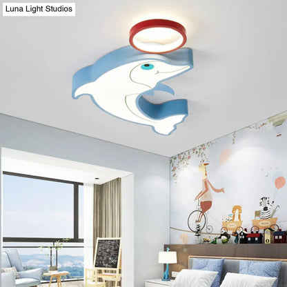 DecorBites™ Blue Dolphin LED Flush Pendant Light for Kids - Modernist Style, Acrylic Shade, Close to Ceiling - 14"/16.5" Width