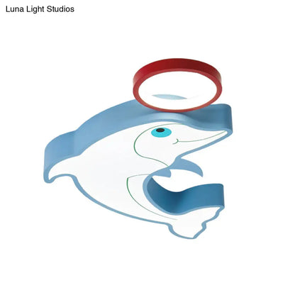 DecorBites™ Blue Dolphin LED Flush Pendant Light for Kids - Modernist Style, Acrylic Shade, Close to Ceiling - 14"/16.5" Width