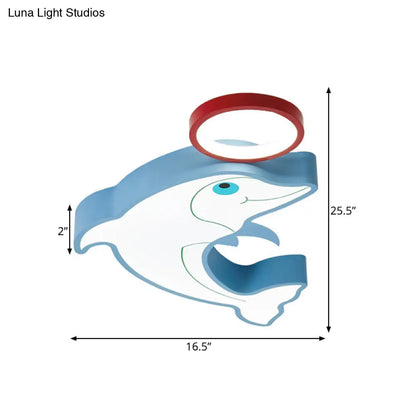 DecorBites™ Blue Dolphin LED Flush Pendant Light for Kids - Modernist Style, Acrylic Shade, Close to Ceiling - 14"/16.5" Width