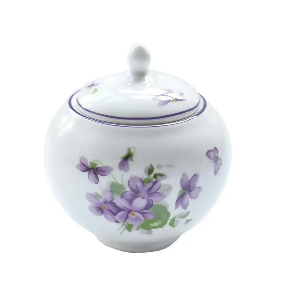 White ceramic sugar bowl with purple violet floral patterns from blue dream tea set porcelain tableware