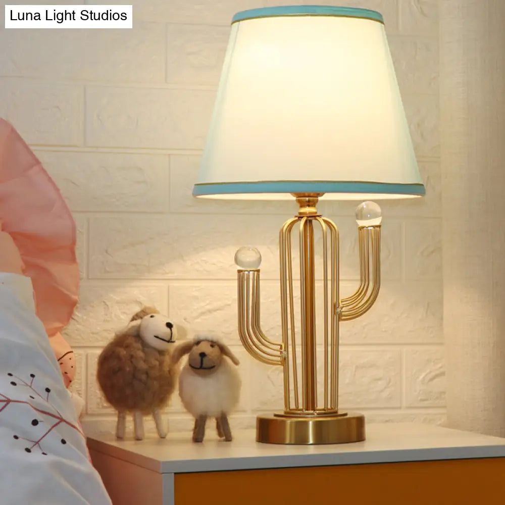 Blue Fabric Cone Night Table Lamp with Clear Crystal Orbit Decor and Metal Base