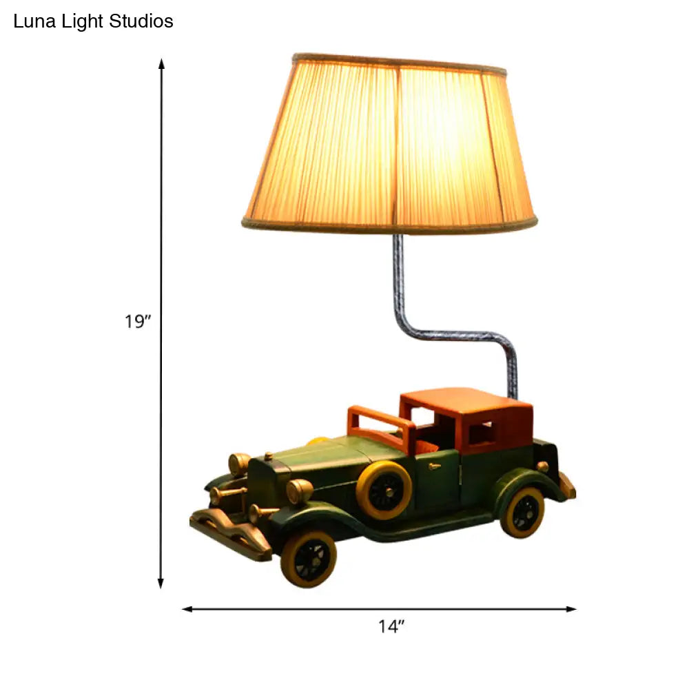 Lámpara de mesa de noche con forma de tambor y base de coche, de tela azul, para dormitorio infantil, diseño de 1 bombilla.