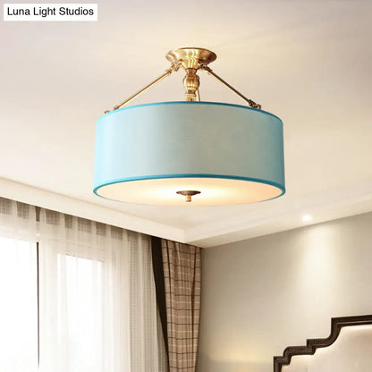 DecorBites™ DecorBites™ Blue Fabric Drum Semi Flush Ceiling Light with 4 Lights for Corridor