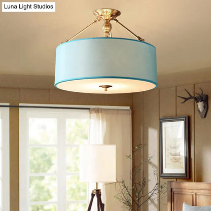 DecorBites™ DecorBites™ Blue Fabric Drum Semi Flush Ceiling Light with 4 Lights for Corridor