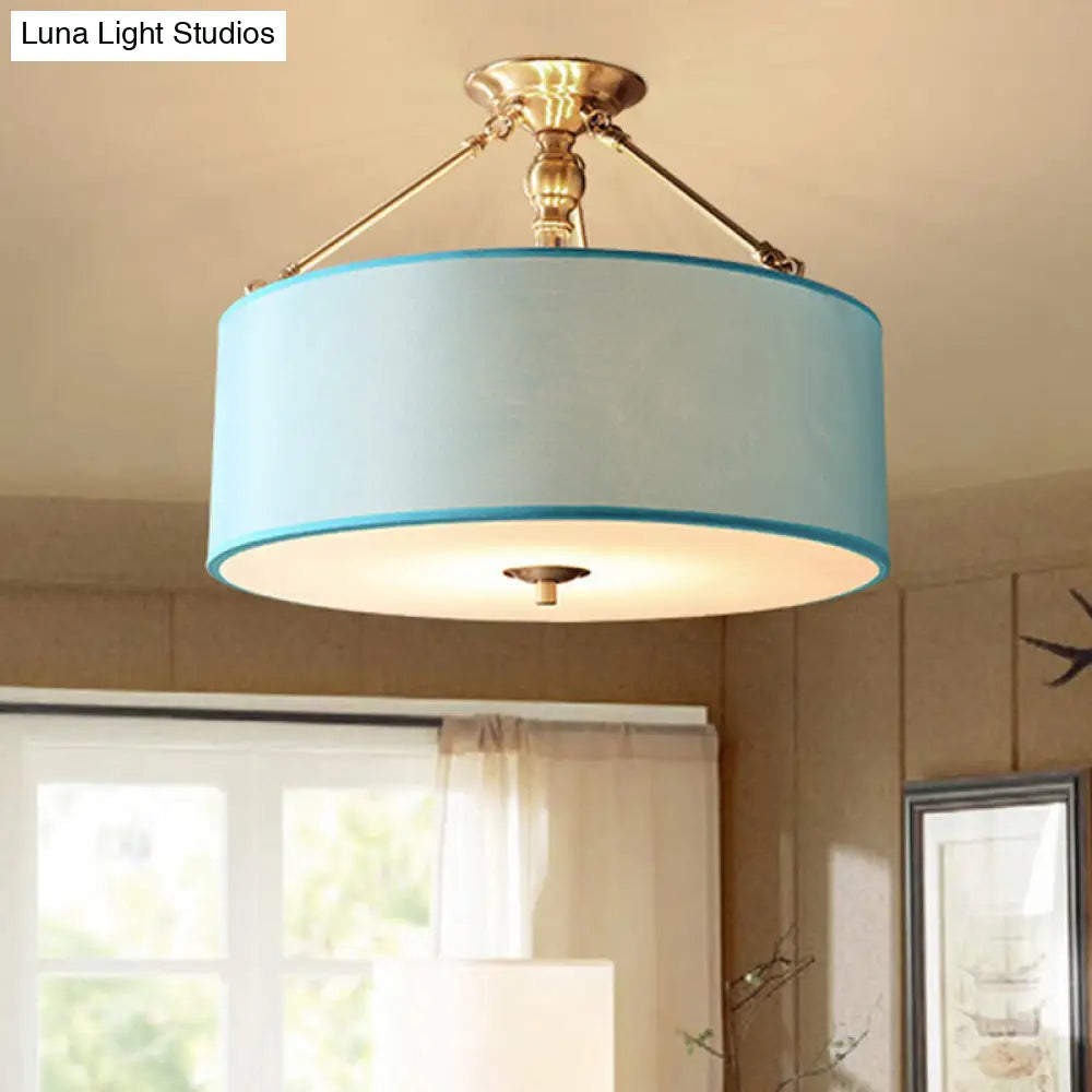 DecorBites™ DecorBites™ Blue Fabric Drum Semi Flush Ceiling Light with 4 Lights for Corridor