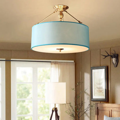DecorBites™ DecorBites™ Blue Fabric Drum Semi Flush Ceiling Light with 4 Lights for Corridor
