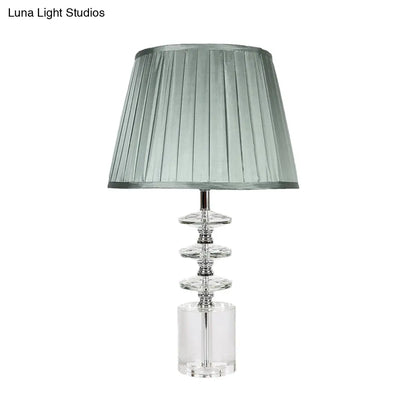 Lámpara de mesa de noche de tela azul con detalle de cristal transparente - Diseño cónico tradicional, 1 luz