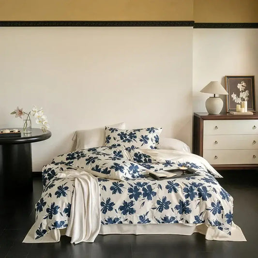 Blue floral 100s egyptian cotton bedding set with white base and elegant botanical design for bedroom decor