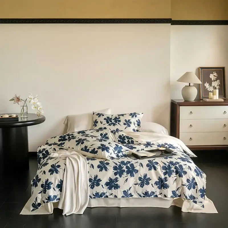 Blue floral 100s egyptian cotton bedding set with white base and elegant botanical design for bedroom decor