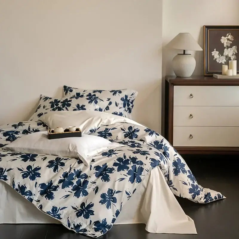 Blue floral bedding set with white satin pillowcases made of decorbites 100s egyptian cotton for bedroom decor