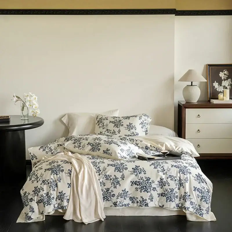 Blue floral bedding set with white and navy satin-like decorbites 100s egyptian cotton for bedroom decor
