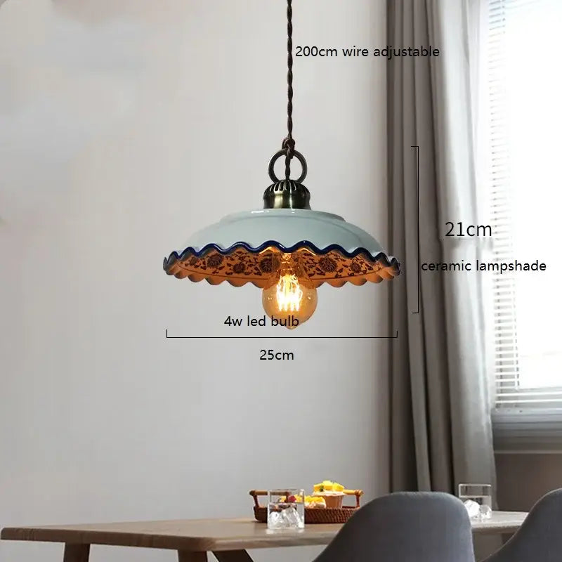 Blue floral ceramic led pendant lamp with delicate scalloped edge and gold patterns for dining room lighting decorbites ceramic led