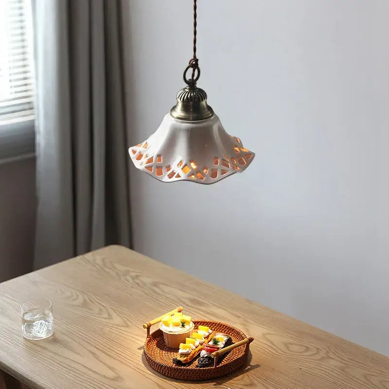Delicate off-white ceramic led pendant lamp with fluted lattice shade and brass hardware for dining room lighting decorbites ceramic led