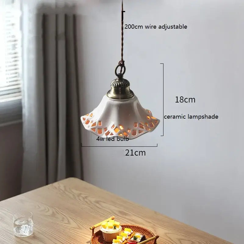 Blue floral decorbites ceramic led pendant lamp with off-white lace cutout ceramic shade and antique brass top for dining room lighting
