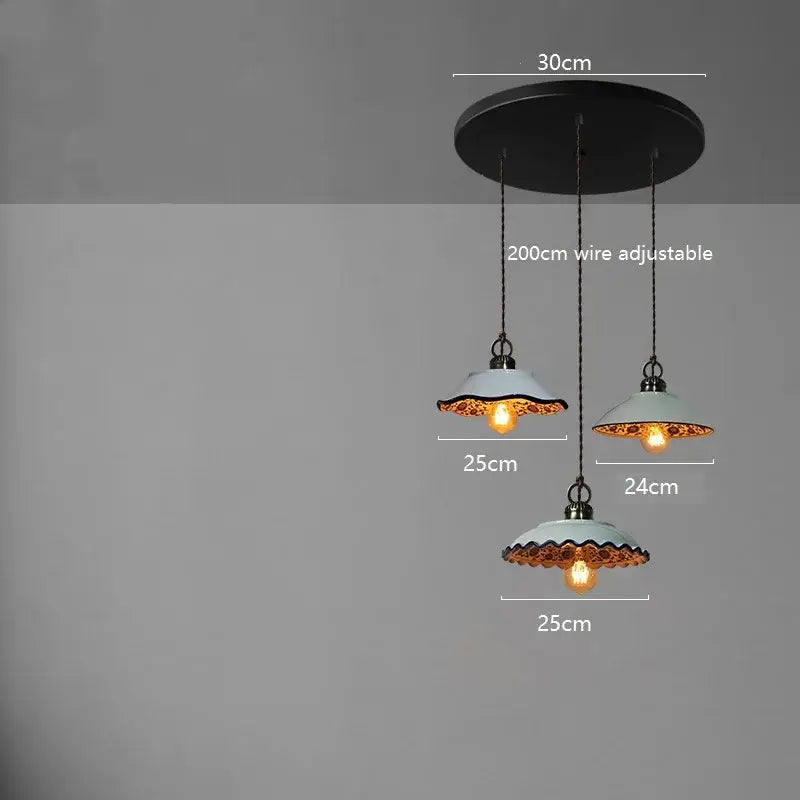 Set of three pale mint ceramic led pendant lamps with scalloped edges and gold trim for dining room decorbites ceramic led