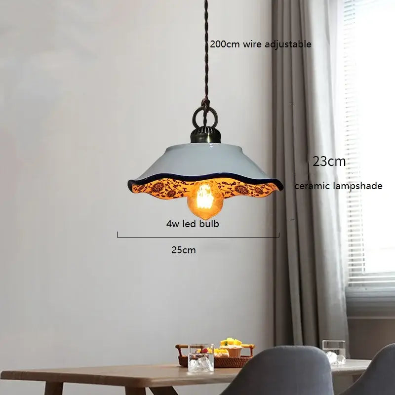 Blue floral ceramic led pendant lamp with vintage-style light blue ceramic shade and adjustable 200cm wire by decorbites
