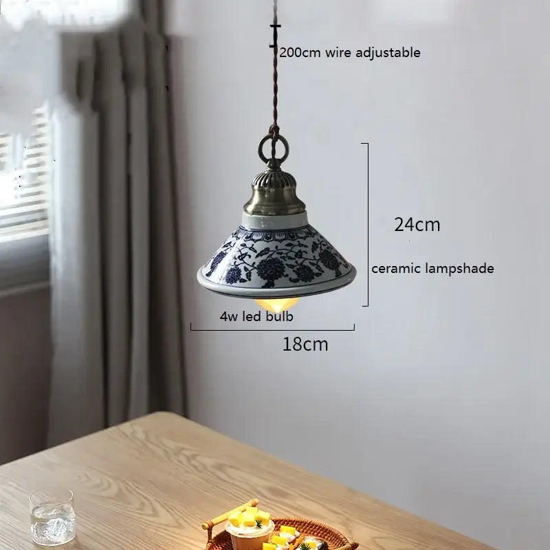 Blue floral ceramic led pendant lamp with adjustable 200cm wire and antique brass fixture by decorbites ceramic led