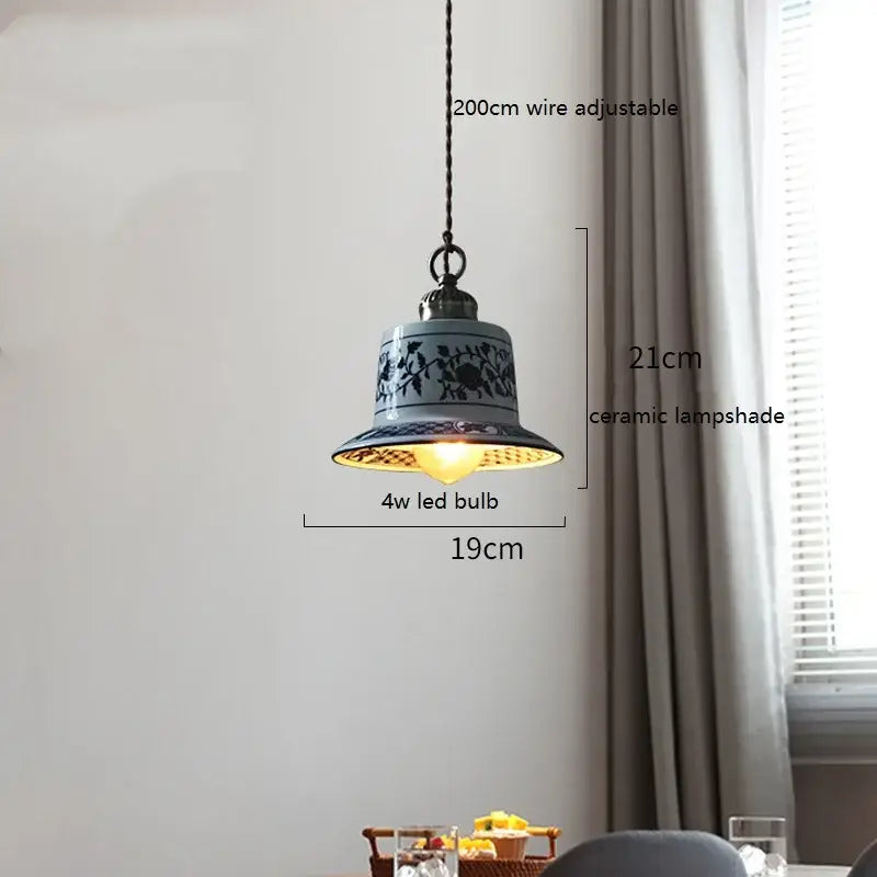 Blue floral ceramic led pendant lamp with 4w led bulb for dining room lighting by decorbites ceramic led