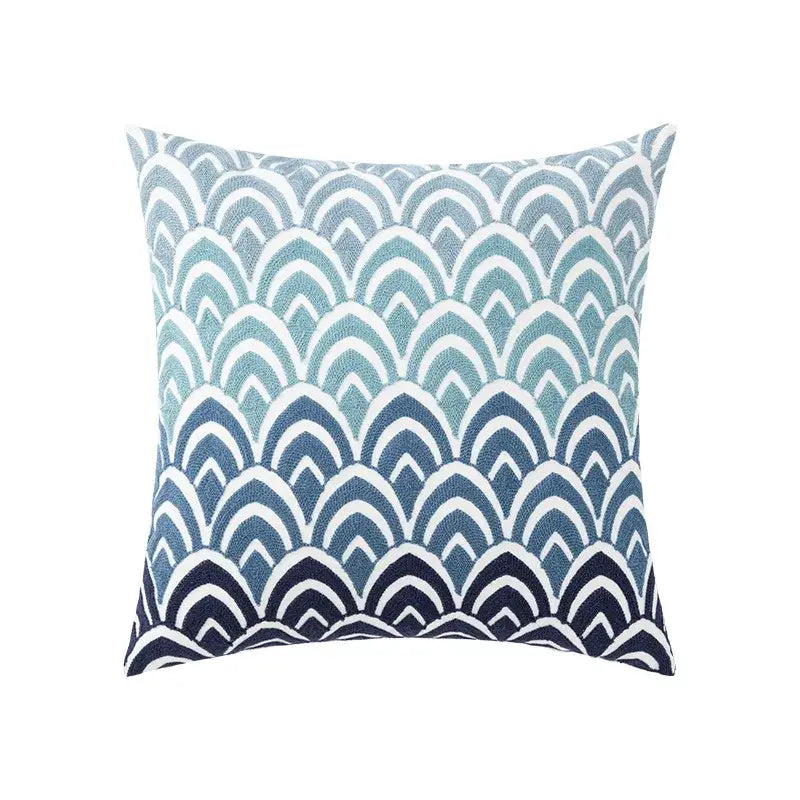 A blue floral geometric cushion cover with embroidered blue and white wave pattern from decorbites set of 5 pillows