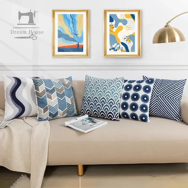 Set of five decorbites blue floral cushion cover pillows in navy blue and white with geometric and wave patterns